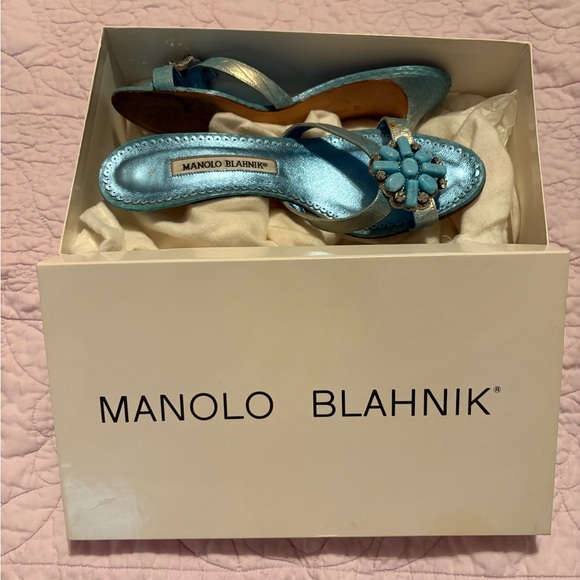 Manolo Blahnik Blue Satin Heels with Gem Detail - Picture 2 of 7